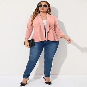 Stylish plus size women's light pink casual blazer with ruffle hem and open front