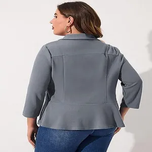 Back view of women's plus size grey peplum blazer with ruffle hem and 3/4 sleeves