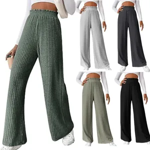 Women's High Waist Ribbed Knit Wide Leg Pants Casual Loose Solid Color Commuter Soft Comfortable Autumn Winter Bottom