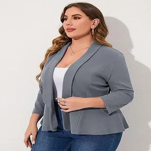Elegant casual plus size grey ruffled peplum blazer for women featuring 3/4 sleeves