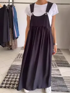 Casual black cotton linen pinafore maxi dress for women with adjustable shoulder straps