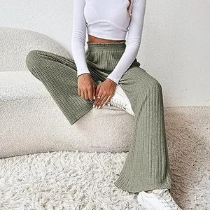 Autumn Winter casual sage green wide-leg knitted pants with ribbed elastic waist.