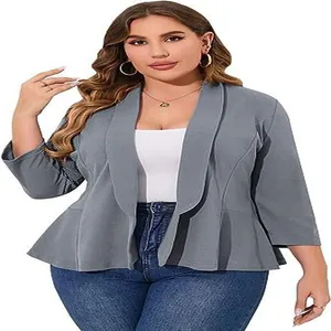 Elegant grey plus size peplum blazer for women featuring a ruffled hem and shawl collar