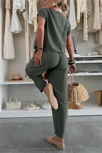 Back view of summer dark green linen-style casual two-piece lounge set for women