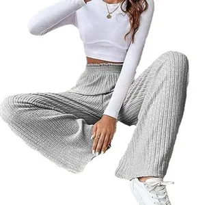 Casual women's grey ribbed knit wide-leg pants for autumn and winter lounge wear