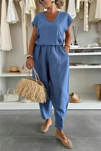 Detail view of blue linen ice silk summer set with V-neck top and wide-leg trousers