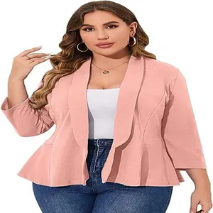 Elegant pink plus size peplum blazer with shawl collar for casual wear
