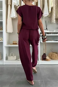 Back view of a stylish burgundy two-piece linen pant set for women summer fashion