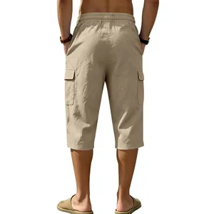 Detailed rear view showing fabric texture and pocket design of men's linen cargo capri pants