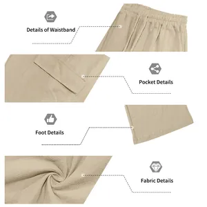 Close-up details of khaki linen cargo pants: elastic waistband, pocket, hem, and fabric