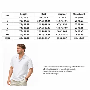 Tabla de tallas detallada para polo de lino de hombre con medidas en CM y pulgadas