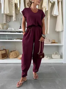Summer burgundy linen two-piece casual set with V-neck top and high waist pants for women