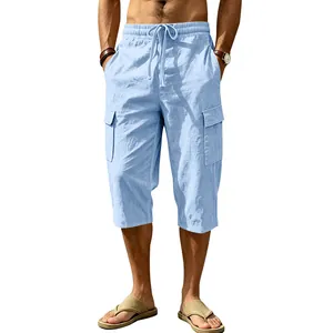 Men's summer linen cargo shorts in light blue with drawstring elastic waist for beach