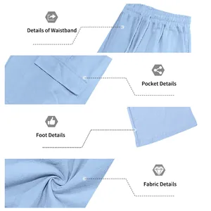 Close-up views of the waistband, pocket, foot, and fabric of light blue men's cargo pants.
