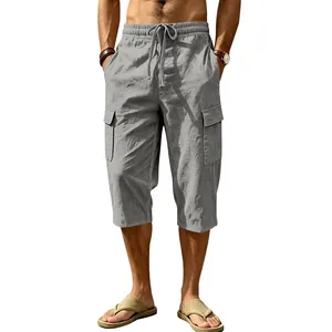 Men's casual linen cargo capris in grey with drawstring waist and side pockets