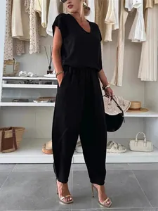 Summer linen ice silk casual two-piece set with V-neck top and loose long pants