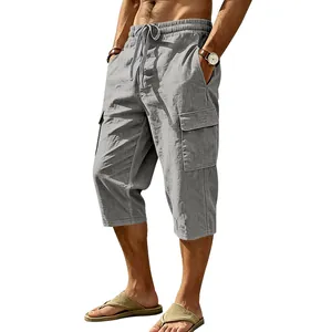 Detail showing texture of men's casual linen cargo capri pants in grey color