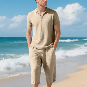 Ensemble polo en lin et pantalon court kaki pour homme, parfait pour les vacances à la plage