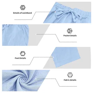 Detalle de pantalones de lino azul claro que muestra cintura, bolsillo y tela