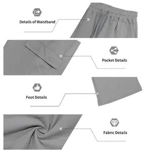 Detailed macro shots of waistband, pocket, hem, and linen fabric of men's gray beach pants