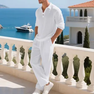 Men's white linen long-sleeve polo shirt and pants set for casual beach vacation