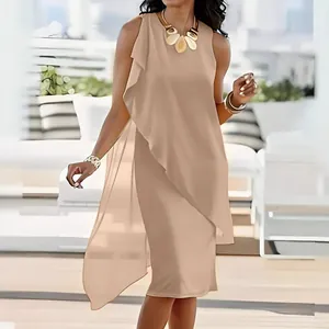 Damen Elegant Urban Unregelmäßig Chiffon Ärmellos Midi Kleid Einfarbig Lagen Rüschensaum Rundhals Urlaub Party Kleid