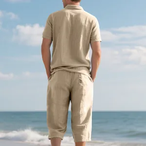 Back view of a men's casual beige linen polo shirt and cropped pants beach wear set