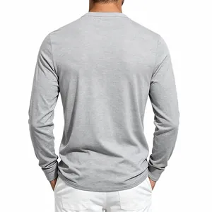 Detailed back view of a men's grey long sleeve knit Henley shirt in relaxed fit