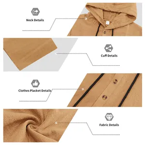 Detail shots of men's linen hoodie showing neck, cuffs, placket and textured fabric