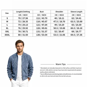 Guide des tailles pour veste bomber en daim homme, mesures en cm et pouces