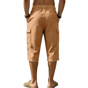 Back view of men's casual orange linen cargo shorts with loose fit and side pockets
