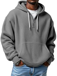 Men's Waffle Knit Hoodie Fashion Sporty Half Zip Pullover With Kangaroo Pocket Long Sleeve Loose Fit Casual Sweatshirt