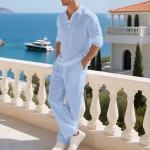 Men's light blue linen polo long sleeve shirt and matching pants beach leisure set
