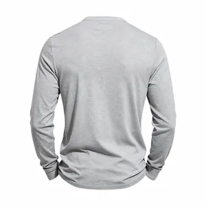 Detailed back view of men's heather gray long-sleeve knit shirt with ribbed cuffs and hem