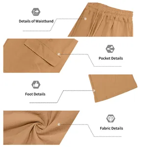 Detailed views of men's linen cargo shorts showing waistband, pockets, and fabric texture.