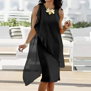 Elegantes schwarzes asymmetrisches ärmelloses Chiffonkleid für Damen, schicker Sommerstil