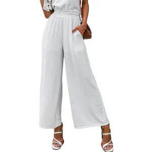 Elegant high-waisted white wide-leg linen pants for women, stylish summer casual design