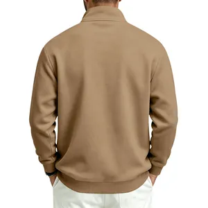 Back view of men's solid khaki half-zip sweatshirt with fleece lining and ribbed hem