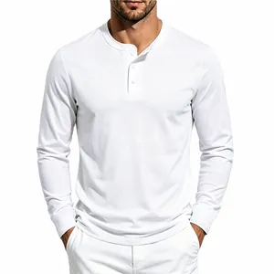 Detailed view of men's white cotton Henley shirt featuring three-button placket