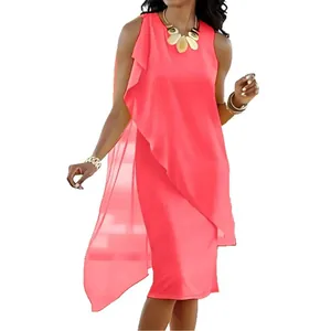 Elegantes korallenrosa asymmetrisches ärmelloses Chiffonkleid für Damen im Sommer