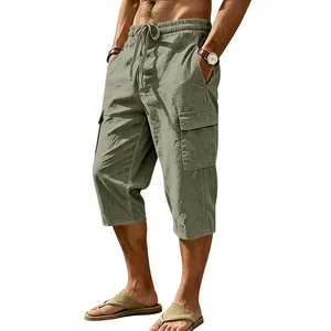 Detail view of men's olive green linen cargo shorts with drawstring waist and pockets