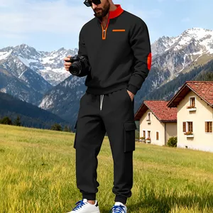 Schwarzer 2-teiliger Herren-Trainingsanzug mit Half-Zip-Sweatshirt und Cargo-Jogginghose