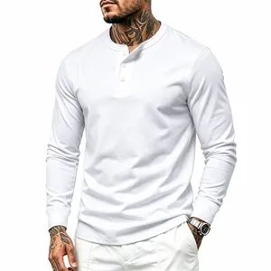 Detailed view of a white long-sleeve knit Henley shirt for men's minimalist casual wear
