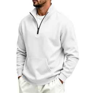Detailed view of men's white fleece sweatshirt with half-zip stand collar and pocket