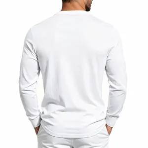 Back view of a men's white long-sleeve cotton knit Henley shirt with curved hem