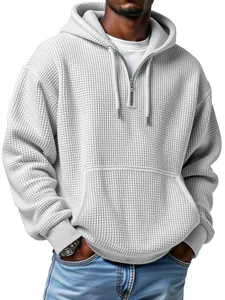 Men's waffle knit quarter-zip hoodie in grey, ideal for casual autumn and winter wear.