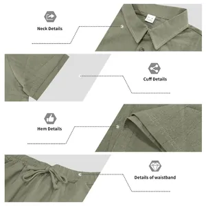 Details des Herren-Leinen-Polo-Sets: Kragen, Manschetten, Saum und elastischer Bund.