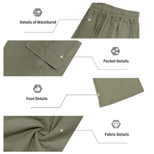 Detailed views of men's linen cargo pants showing waistband, pocket, hem, and fabric texture.
