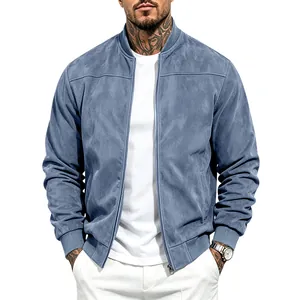 Detailed front view of men's blue suede bomber jacket with classic baseball collar