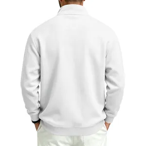 Back view of men's white solid color half-zip fleece sweatshirt for autumn winter